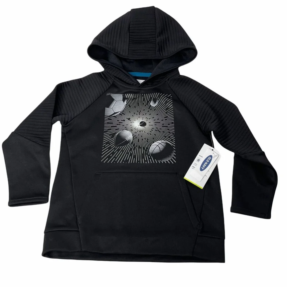 Old Navy Boys Active Dry Black Long Slv Hoodie with Sports Balls Graphic Sz XS 5